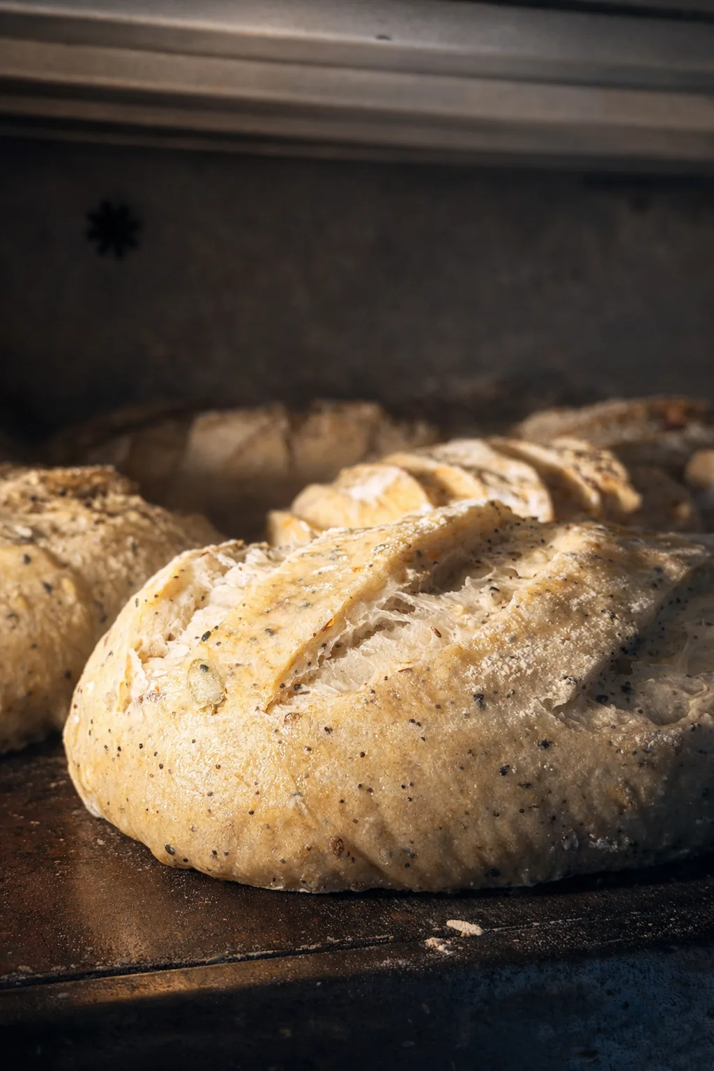 Taş tabanda çatlak desenli, tam pişmiş ekşi mayalı ekmek altın kabuğu
