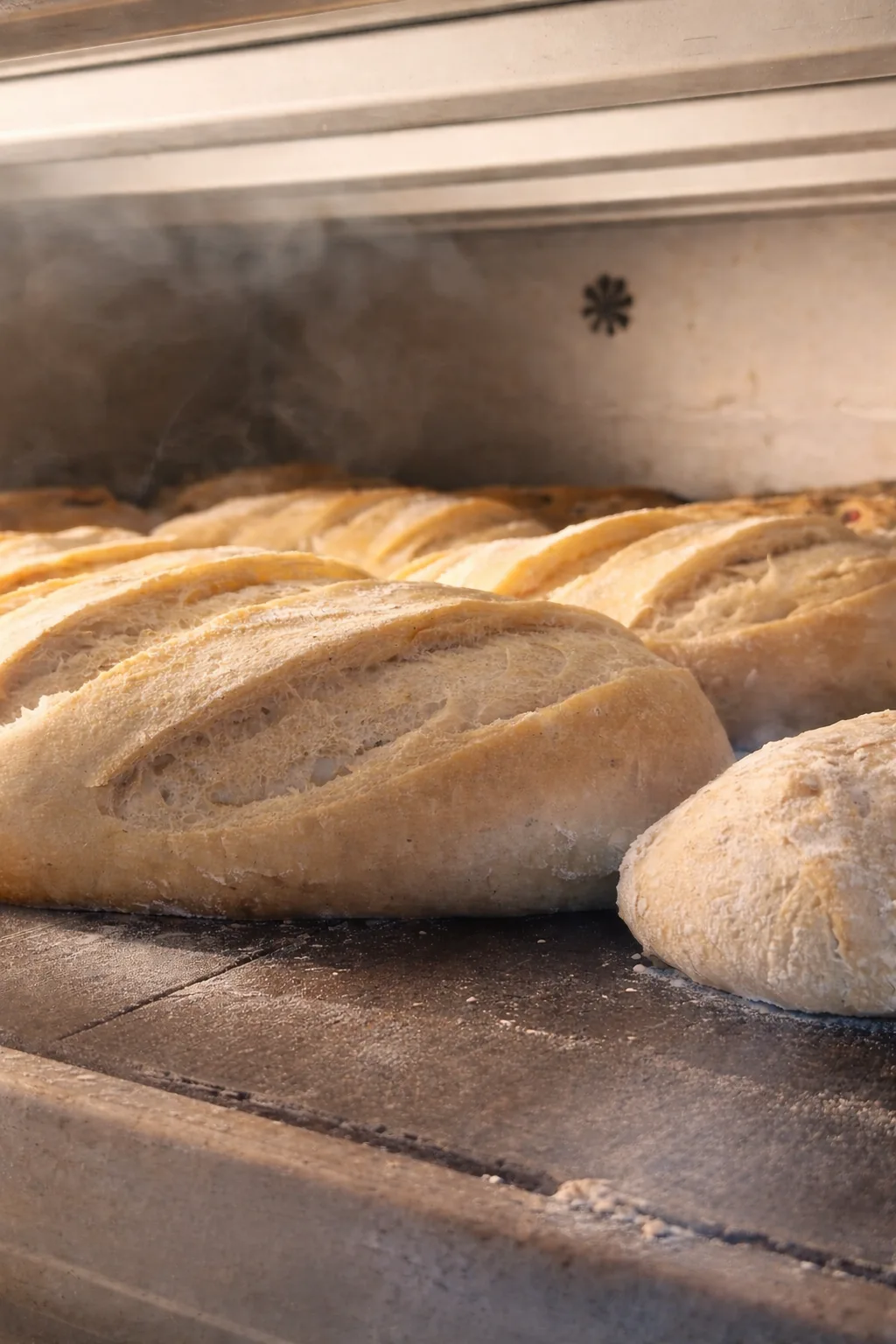 Taş fırında buhar ve yüksek ısıda pişen ekşi mayalı baget ekmekler